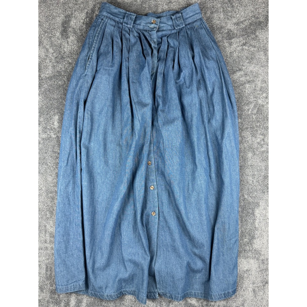 Vintage Charter Club Denim Maxi Skirt Blue Pleated Button Front Cotton Sze 4 Y2K - Picture 4 of 11